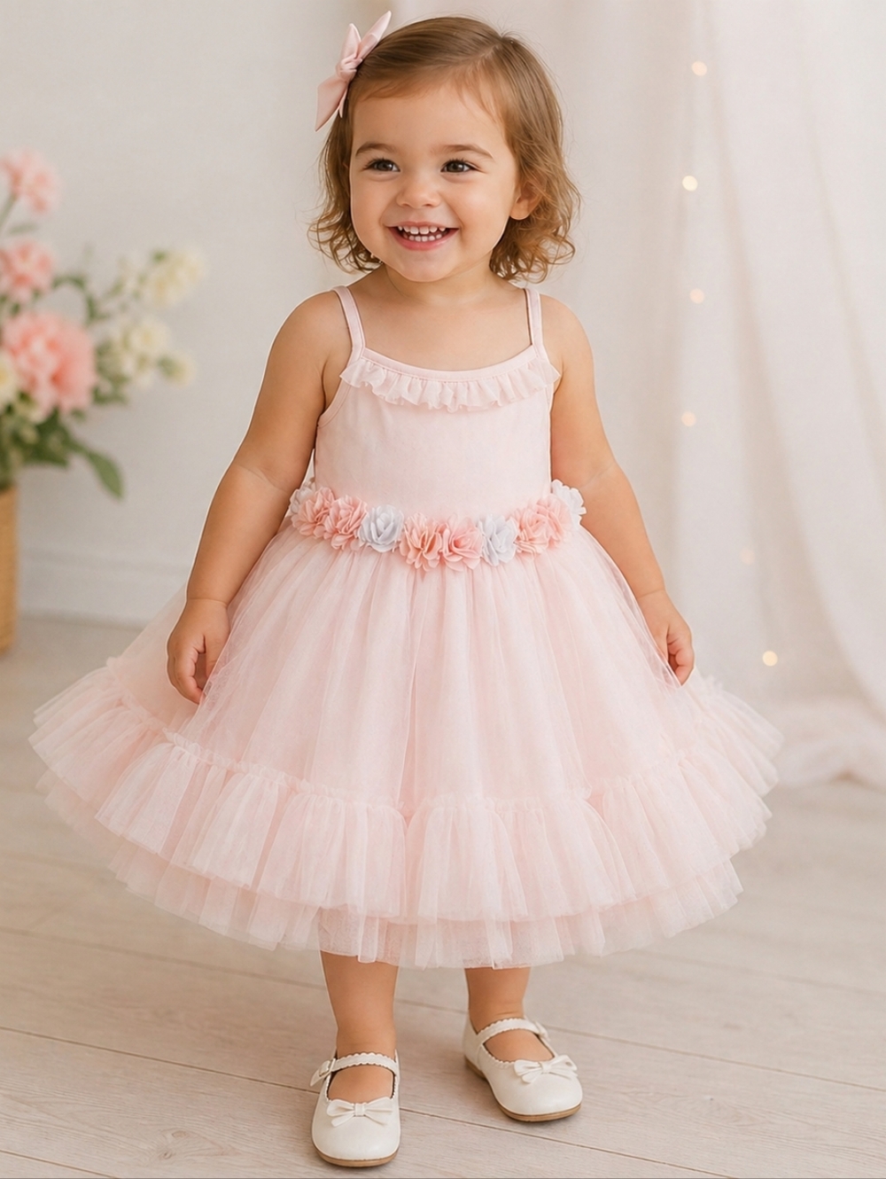 Cynthia Rowley Light Pink Tulle Flower Adorned Princess Dress